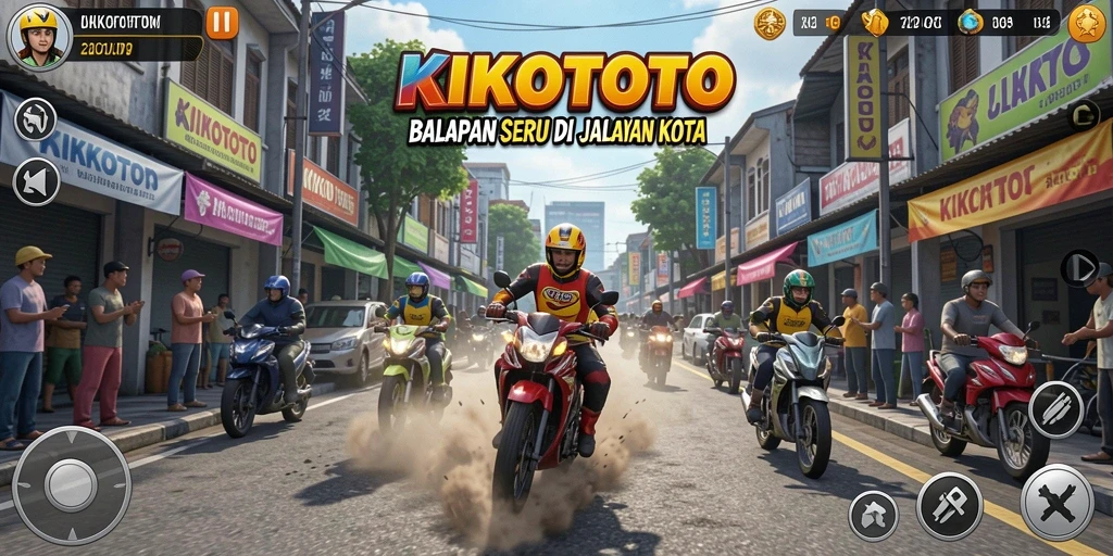 Tangkapan layar gameplay KIKOTOTO dengan balapan menegangkan di jalanan.