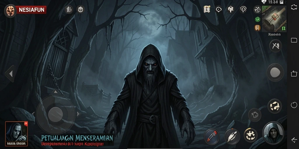 Screenshot menunjukkan karakter mengalami ketegangan di dunia gelap dan menyeramkan.