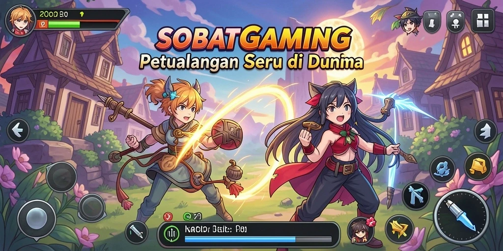Tampilan gameplay SOBATGAMING dengan karakter anime yang vibrant.