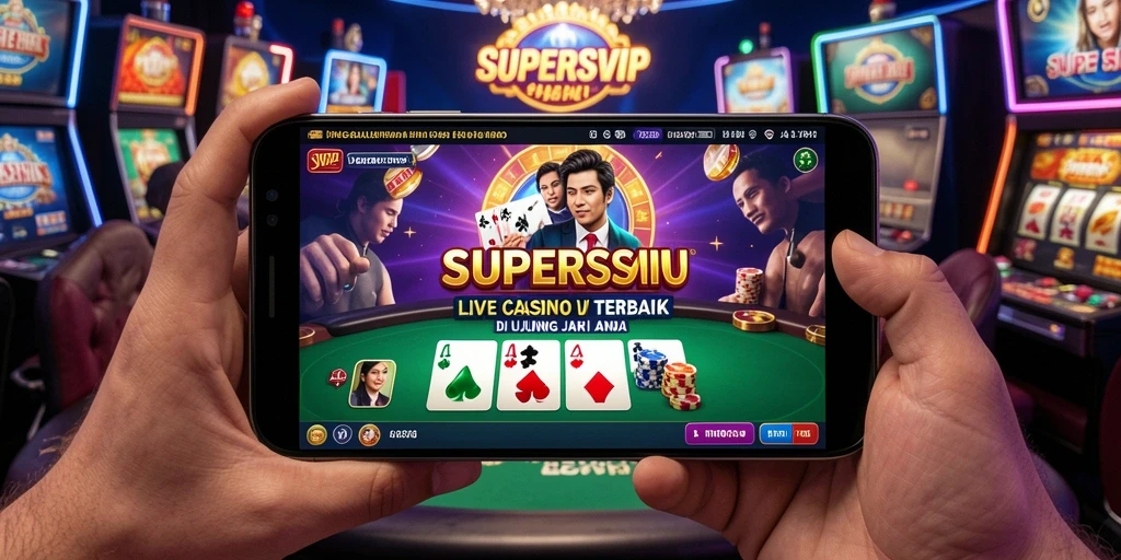 Screenshot gameplay <strong>SUPERSVIP</strong> menampilkan dealer langsung dan suasana kasino yang nyata.