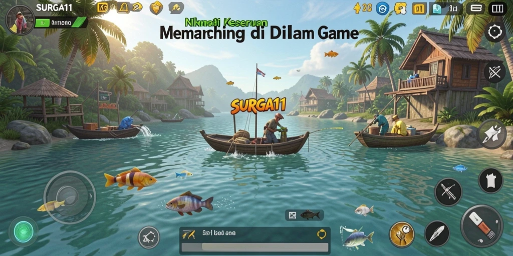 Screenshot menunjukkan pemain sedang memancing di lokasi yang indah.